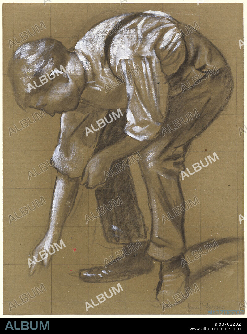 HANS THOMA. A Man Bending Over. Dated: 1886. Dimensions: sheet: 40 x 31 cm (15 3/4 x 12 3/16 in.). Medium: black chalk heightened with white gouache, squared for transfer with graphite, with scattered touches of red and yellow paint, on brown wove paper.