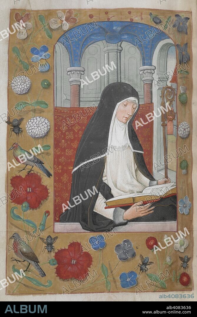 Elthedreda reading, dressed in a Benedictine habit and holding a crozier and a full scatter border including dianthus, forget-me-nots, strawberries, insects and birds. Book of Hours, Use of Sarum. Netherlands, S. (Bruges); c. 1500. Source: King's 9, f.64v. Language: Latin.