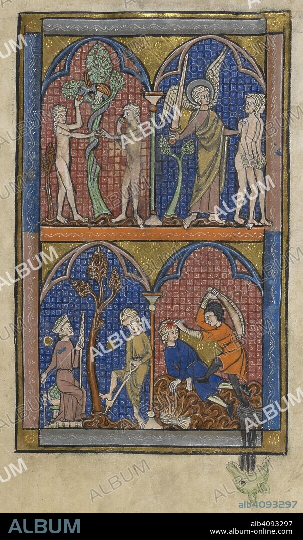 Four scenes from the Book of Genesis: the temptation of Adam and Eve, the expulsion from Eden, Adam and Eve working, Cain murdering Abel. Psalter (The 'Huth Psalter'). England (Lincoln or York?); 4th quarter of the 13th century. Source: Add. 38116, f.9. Language: Latin and French (Anglo-Norman).