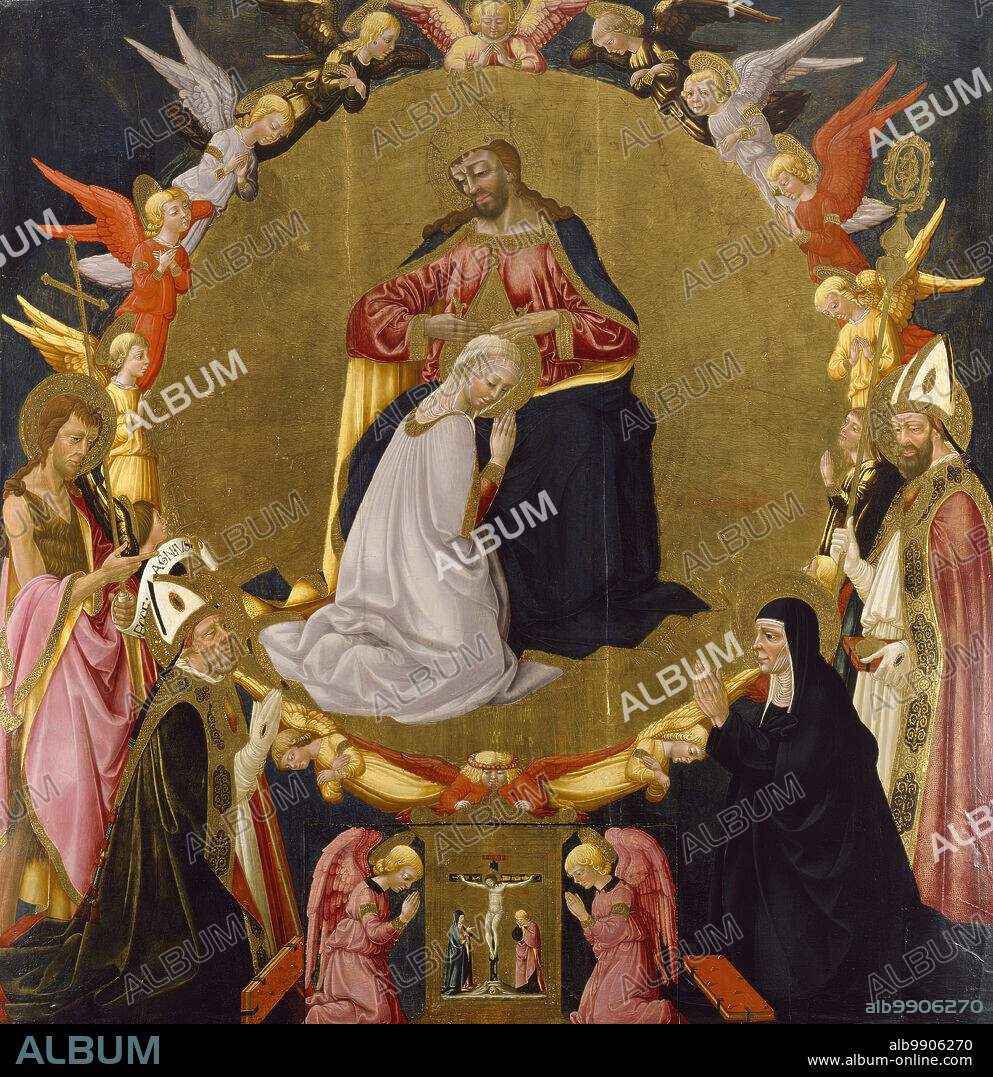 NERI DI BICCI. The Coronation of the Virgin with Angels and Four Saints, probably after 1475. In this altarpiece, Christ places a crown upon the head of his kneeling mother, the Virgin Mary, an act symbolic of their status as King and Queen of Heaven. The golden circle surrounding the two has been engraved with different designs representing the music of the heavenly spheres (the movement of the planets was believed to produce harmonies that could not be heard by humans). Around the circle is a host of worshiping angels; below are (from left to right) Saints John the Baptist, Augustine, his mother Monica, and Nicholas of Bari. At the bottom of the panel two angels adore a painted tabernacle depicting the Crucifixion. This section was cut and hinged to provide a recess in the altarpiece that may have housed the consecrated Host for use in the Mass.