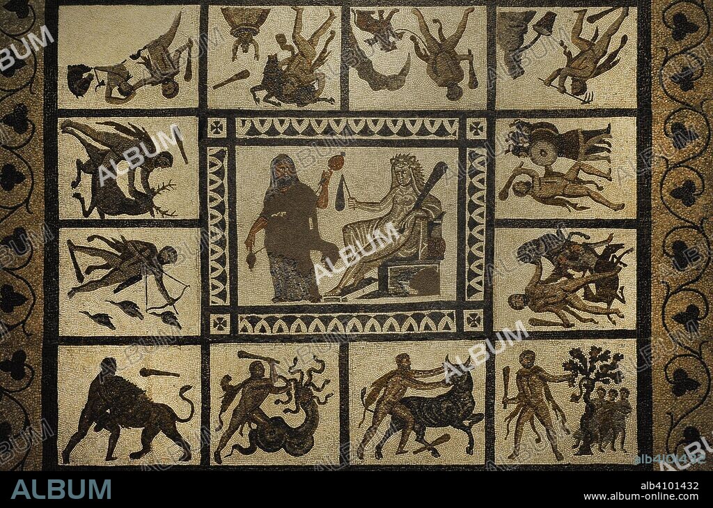 Mosaico Romano De Los Trabajos De Hércules Detalle Con La Representación De Hércules Y Ónfale 