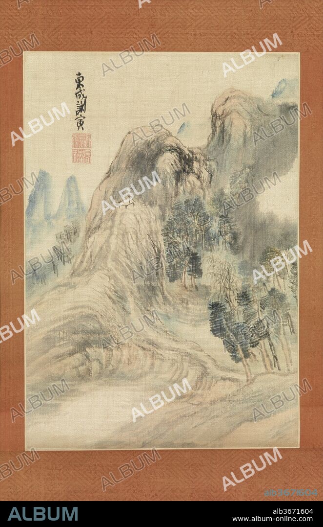 Autumn Landscape. Artist: Yosa Buson (Japanese, 1716-1783). Culture: Japan. Dimensions: 14 1/4 in. × 10 in. (36.2 × 25.4 cm)
Overall with mounting: 47 3/4 × 15 in. (121.3 × 38.1 cm)
Overall with knobs: 47 3/4 × 17 1/8 in. (121.3 × 43.5 cm). Date: ca. 1780.
With its soft tones of ink and color against luminous satin and the kinetic quality of the brushwork in the desolate mountain, this late painting by Buson exhibits a lyrical, personal expression. One of the most renowned haiku poets of his day, Buson made his livelihood as a painter. Along with Ike Taiga he is considered to be one of the major figures in the Nanga movement, which adapted the painting of Ming and Qing China to Japanese sensibilities.