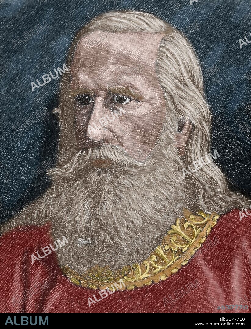 Alfonso II of Asturias (c.760-842). Called the Chaste. King of Asturias. Engraving by Serra Pausas, 1882. Colored.