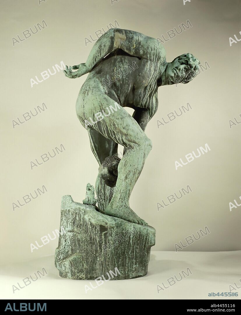 Titan, The naked man is bent over, ready to throw the big stone that he has  in his left hand. he keeps the right arm on his back., Abraham Hesselink,  c. 1910 -