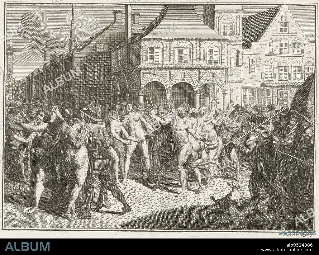 Anabaptists walk naked across Dam Square in Amsterdam, 1535, Jan Lucas van  der Beek, after François Morellon La Cave, after Bernard Picart, 1723 -  1818, Anabaptists walk n - Album alb9524386