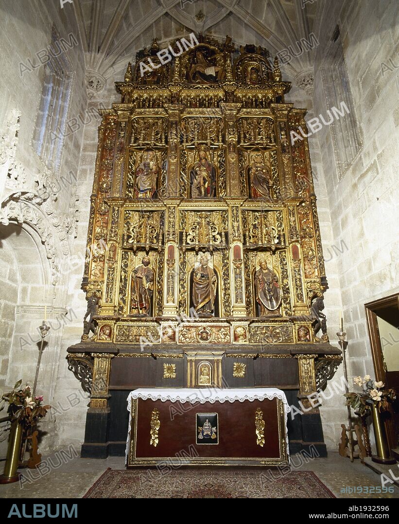 Spain, Galicia, province of La Coru–a, Betanzos. Santiago Church. Gothic church built in 15th century by Fernan Perez de Andrade. Altarpiece of the Chapel of St. Peter and St. Paul. Work of the sculptor Cornielles of Holland (16th century). General view. Renaissance style.