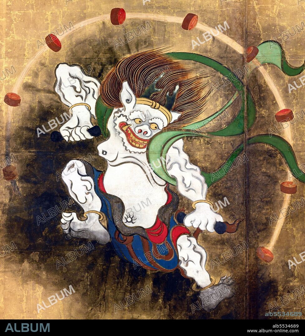 Raijin is a god of lightning, thunder and storms in the Shinto religion and in Japanese mythology. He is typically depicted as a demonic spirit beating drums to create thunder, usually with a <i>tomoe</i> symbol drawn on the drums. In Japanese art, the deity is often depicted together with the wind god Fujin. Ogata Korin (1658 – June 2, 1716) was a Japanese painter of the Rinpa school. He was born in Kyoto, to a wealthy merchant who had a taste for the arts. Korin also studied under Soken Yamamoto, the Kano school, Tsunenobu and Gukei Sumiyoshi, and was greatly influenced by his predecessors Hon'ami Koetsu and Tawaraya Sotatsu. 'Wind God and Thunder God' by Ogata Korin is a replica of Tawaraya Sotatsu's four panel folding  screen of the same title ('Fujin Raijin Zu), Kyoto, early 17th century.