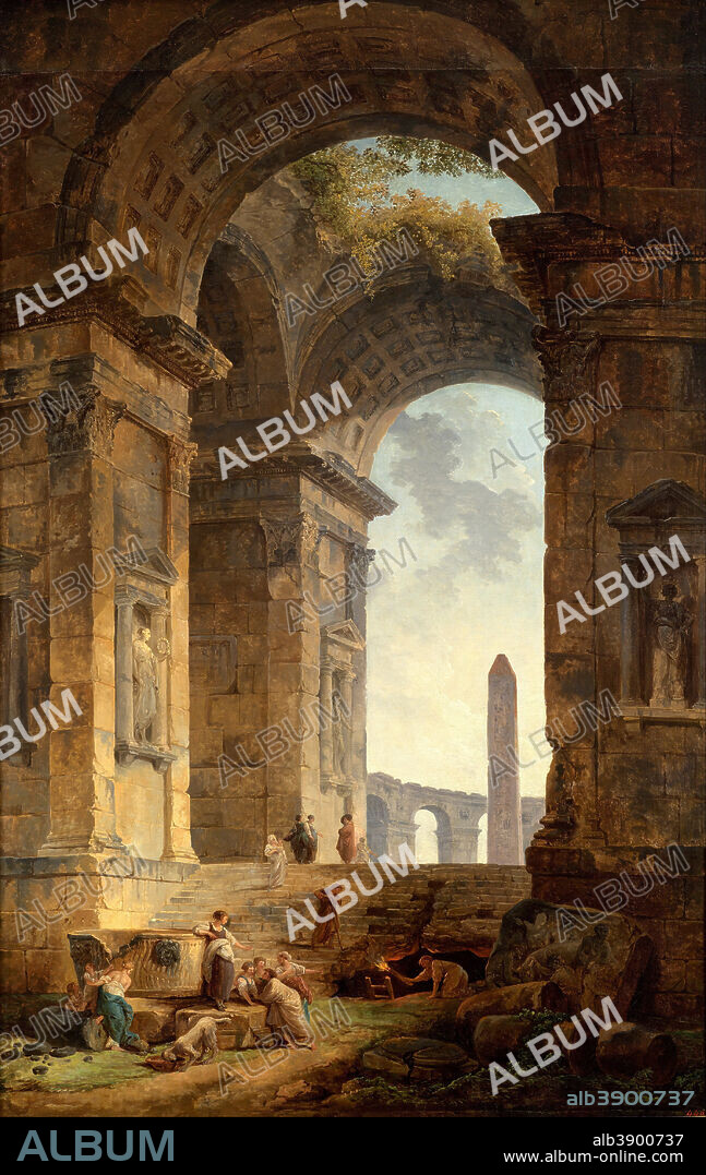 HUBERT ROBERT. Ruins with an obelisk in the distance. Date/Period: 1775. Painting. Height: 1,600 mm (62.99 in); Width: 1,040 mm (40.94 in).