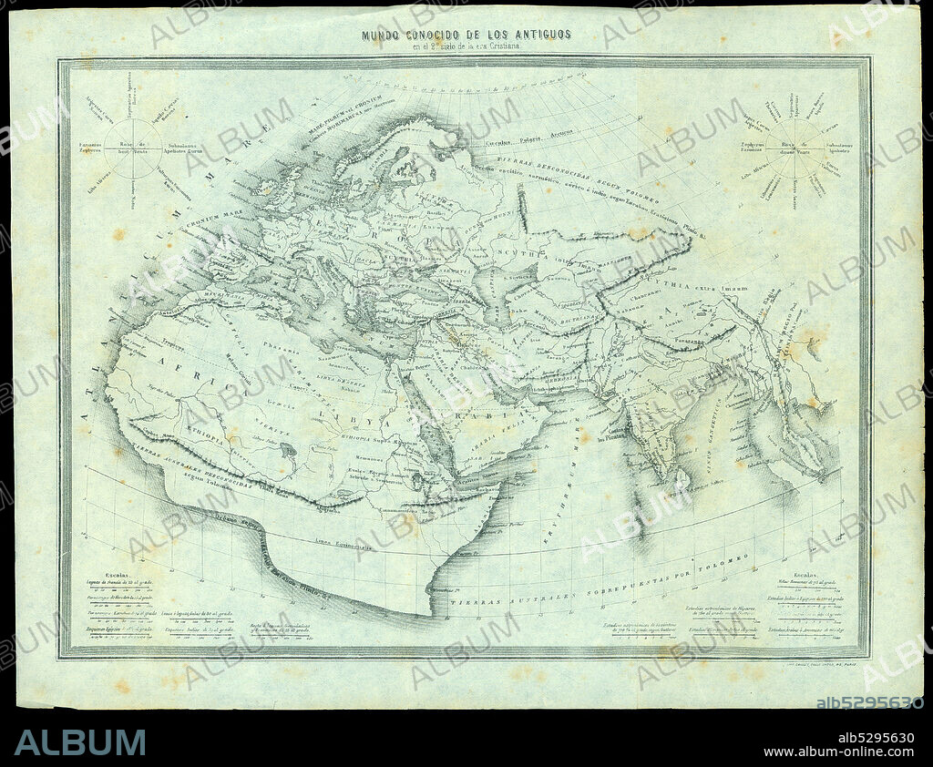 Mapa físico-político del Mundo conocido de los antiguos en el segundo siglo de la era cristiana. Grabado de 1870.