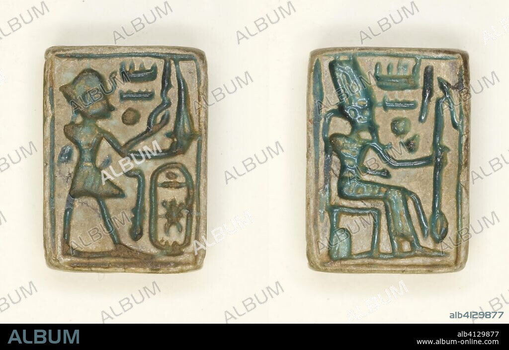 ANCIENT EGYPTIAN. Plaque: King Aakheprre Offers Incense/Amun Re Seated on Throne. Egyptian. Date: 1427 BC-1400 BC. Dimensions: 1.3 × 1 × 0.5 cm (1/2 × 3/8 × 3/16 in.). Steatite. Origin: Egypt.