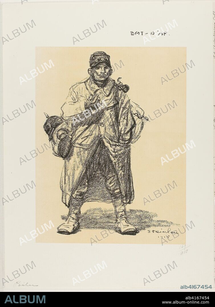 THéOPHILE-ALEXANDRE PIERRE STEINLEN. Infantryman. Théophile-Alexandre Steinlen; French, born Switzerland, 1859-1923. Date: 1915. Dimensions: 313 × 240 mm (image); 453 × 334 mm (sheet). Lithograph in black with scraping on stone over fawn tint on thick off-white wove paper. Origin: France.