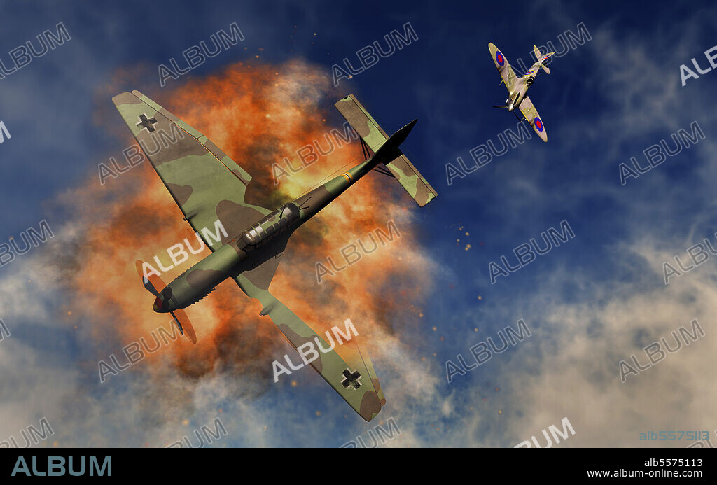 A Royal Air Force Supermarine Spitfire attacking and destroying a German Ju 87 Stuka dive bomber during the Battle of Britain.