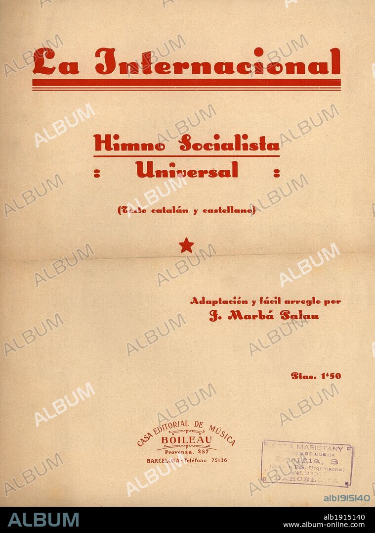 Partitura musical del himno socialista universal, La Internacional.