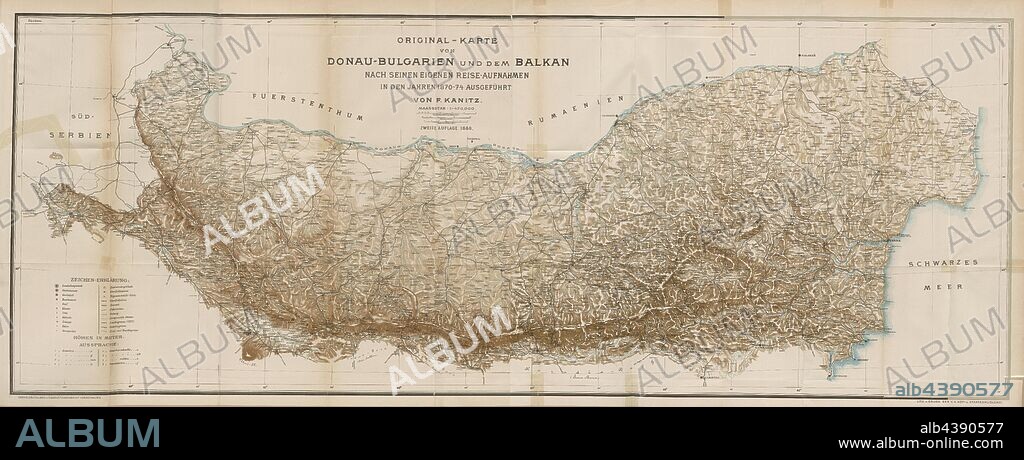 Original map of Danube-Bulgaria and the Balkans according to his own travel photographs taken in the years 1870-1874 by F. Kanitz, Map of the ethnologist Felix Philip Kanitz, Signed: Lith. U., Print by K. K. Hof- u., State Printing House, Fig. 121, p. 368, Kanitz, Felix Philipp (fec.); Kaiserlich-Königliche Hof- und Staatsdruckerei Wien (lith. u. gedr.), 1879, F. Kanitz: Donau-Bulgarien und der Balkan: historisch-geographisch-ethnographische Reisestudien aus den Jahren 1860-1879. Leipzig: Verlagsbuchhandlung von Hermann Fries, 1879-1880.