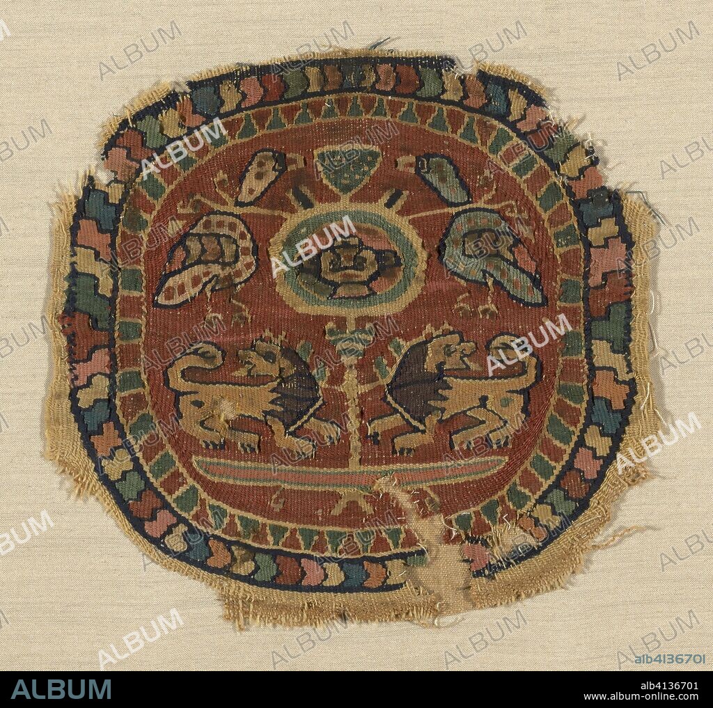 ANCIENT EGYPTIAN. Roundel. Coptic; Egypt. Date: 500 AD-700 AD. Dimensions: 17.8 × 16.5 cm (7 × 6 1/2 in.). Linen and wool, tapestry weave. Origin: Egypt.