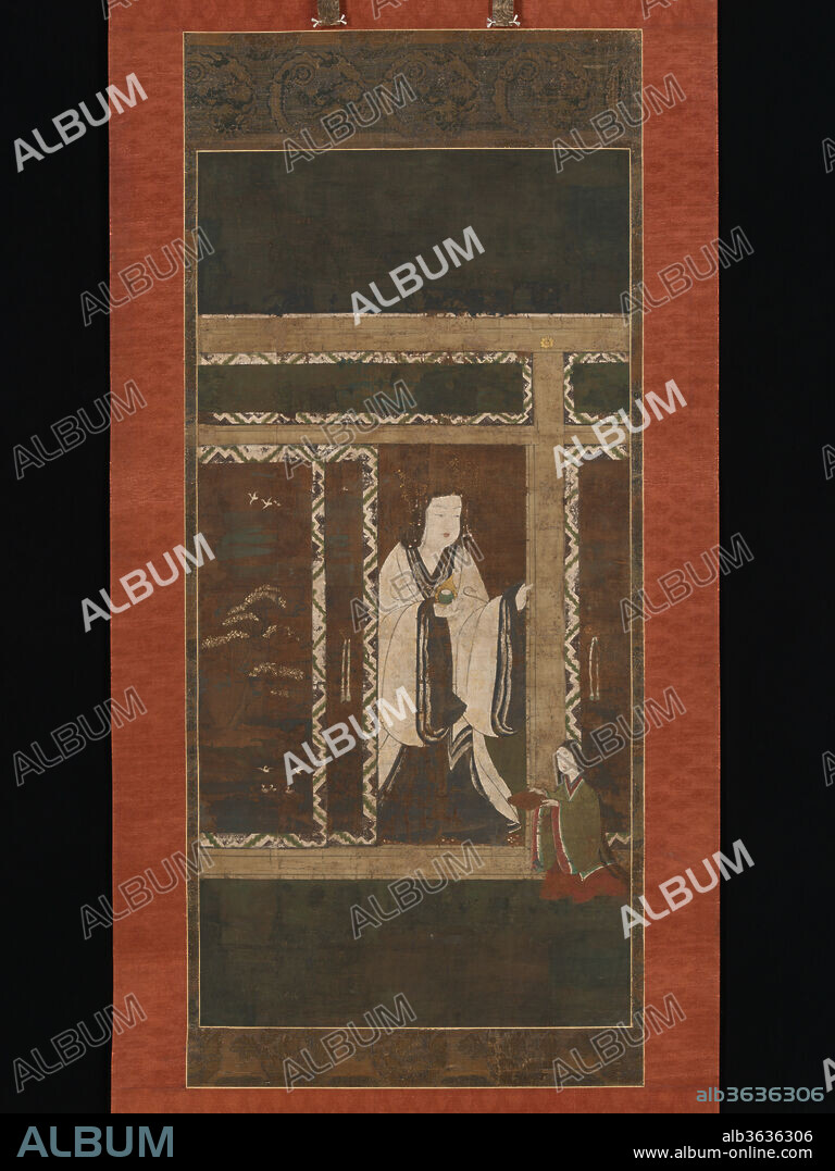 Seiryu Gongen. Culture: Japan. Dimensions: Image: 35 13/16 × 17 5/8 in. (91 × 44.7 cm)
Overall with mounting: 68 7/8 × 24 13/16 in. (175 × 63 cm)
Overall with knobs: 68 7/8 × 25 7/8 in. (175 × 65.8 cm). Date: mid-14th century.
The Shinto goddess Seiryu Gongen appears here in a domestic interior befitting an aristocratic occupant. She wears courtly vestments and carries a wish-fulfilling jewel (Sanskrit: chintamani) in her right hand. Just outside her chamber stands a young girl to whom she has given a book, the Records of Miraculous Medicine (Koyaku no shirushi bumi). 
The goddess towers majestically over her young companion. The name Seiryu Gongen can be written in two ways: depending on the characters used, Seiryu means either "pure waterfall" or "blue dragon"; gongen is an honorific title that can mean "god" or "goddess." The goddess was believed originally to have been the titulary deity at Blue Dragon Temple (Chinese: Qinglongsi) in Chang'an (modern Xian), China. She is said to have been introduced to Japan by the monk Kukai (774-835) and was later adopted as the protective deity of the Shingon School at Jingoji, a temple in Kyoto. There, she was worshipped as a manifestation of the daughter of the Dragon King Sagara, the princess Zen'nyo, whose enlightenment at the age of eight is described in the Lotus Sutra. She was later introduced to Daigoji in Kyoto and other Esoteric Buddhist temples where her nature underwent a complex metamorphosis through the Shinto-Buddhist syncretistic doctrine known as honji-suijaku (literally, "original ground and flowing traces"). In this doctrine, the deity was believed to be the avatar of two Esoteric Buddhist deities: Nyoirin Kannon (Sanskrit: Chintamanichakra), an alleviator of suffering, and Juntei Kannon (Sanskrit: Chundi), a deity associated with fecundity. 
A tradition where monks experience visions of the deity appears to have begun at Daigoji in the eleventh century, and this image closely corresponds to a vision had by the monk Shinken (1179-1261). Such visions were frequently commemorated with paintings. 
Based on original work by Miyeko Murase (Bridge of Dreams: The Mary Griggs Burke Collection of Japanese Art [New York: Metropolitan Museum of Art, 2000], cat. no. 35).