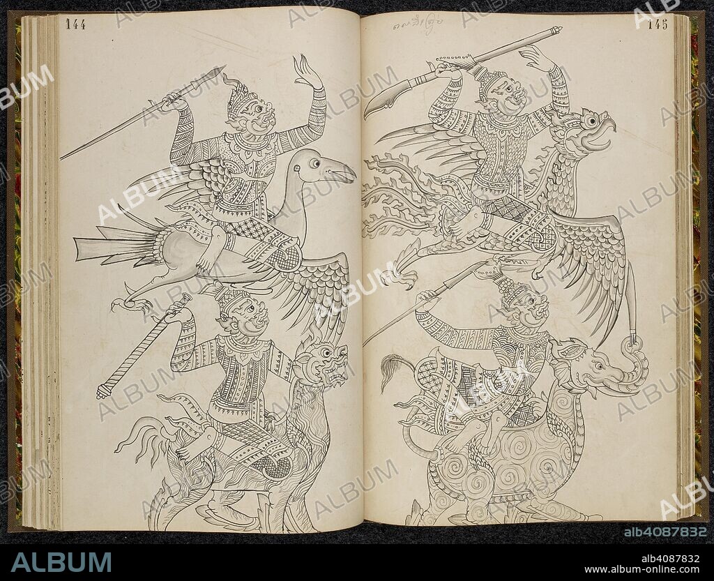 An army of demons, scene from the Ramakien (Thai version of the Ramayana). Ramakien (Thai version of the Ramayana). 1880. Materials: European paper Dimensions: 230 mm x 355 mm Script: Khom script, a variant of Khmer script used in Thailand in pencil. Source: Or. 14859 ff.144-145. Language: Thai.