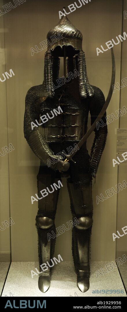 Turkish cavalry armour. 1550. Iron and leather. Turban helmet neck protector (iron, gold, silver and damascene). 1450-1475. From Iran. Saber from Persia, 1600. German Historical Museum. Berlin. Germany.