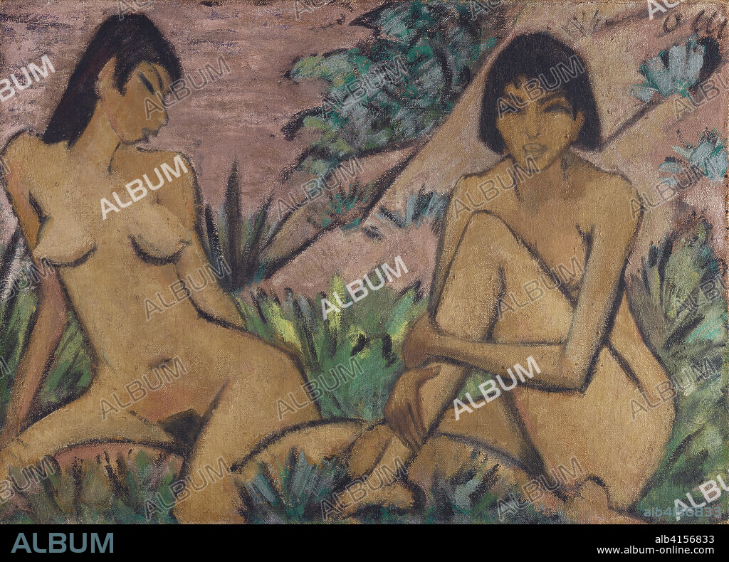 OTTO MUELLER. Otto Müller (Liebau, 1874-Breslau, 1930). Dos desnudos  femeninos en un paisaje (hacia 1922). Temple sobre arpillera de yute. 100 x  138 cm. - Album alb4156833