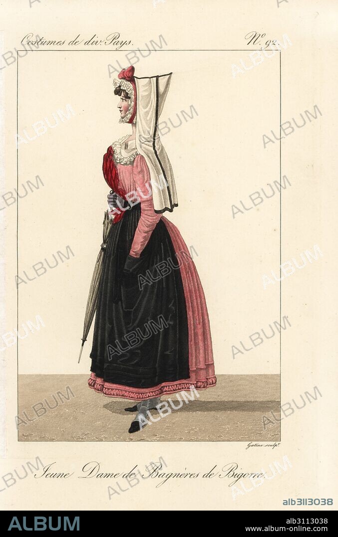 Young lady of Bagneres-de-Bigorre, French Pyrenees, 19th century. She wears the Pyrenean capulet or hood, in fine cashmere lined with velvet, over a fontange bonnet decorated with lace and ribbons. Handcoloured copperplate engraving by Georges Jacques Gatine after an illustration by Louis Marie Lante from Costumes of Various Countries, Costumes de Divers Pays, Paris, 1827.