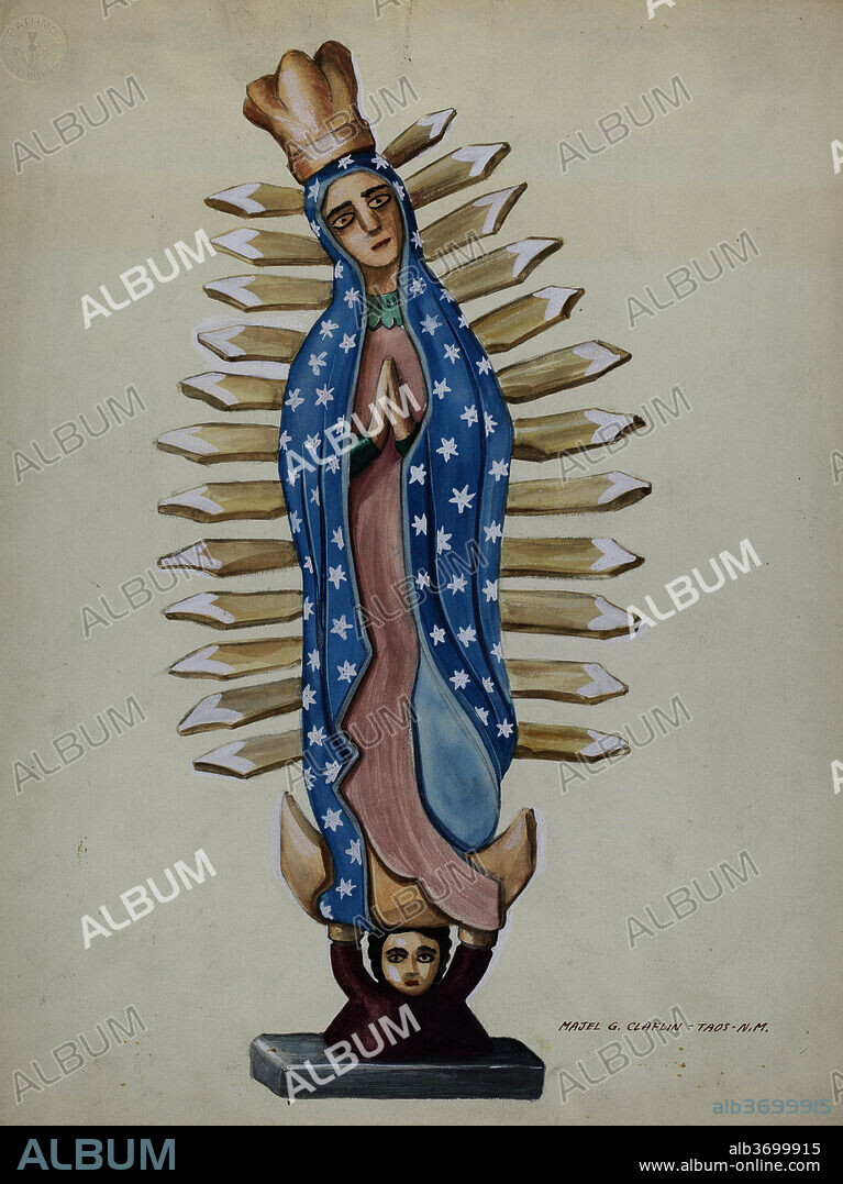 MAJEL G. CLAFLIN. "Guadalupe" Wood Santo or Bulto. Dated: c. 1937. Dimensions: overall: 36.3 x 28.1 cm (14 5/16 x 11 1/16 in.)  Original IAD Object: Approx. 15-16"high. Medium: watercolor, gouache, colored pencil, and graphite on paper.