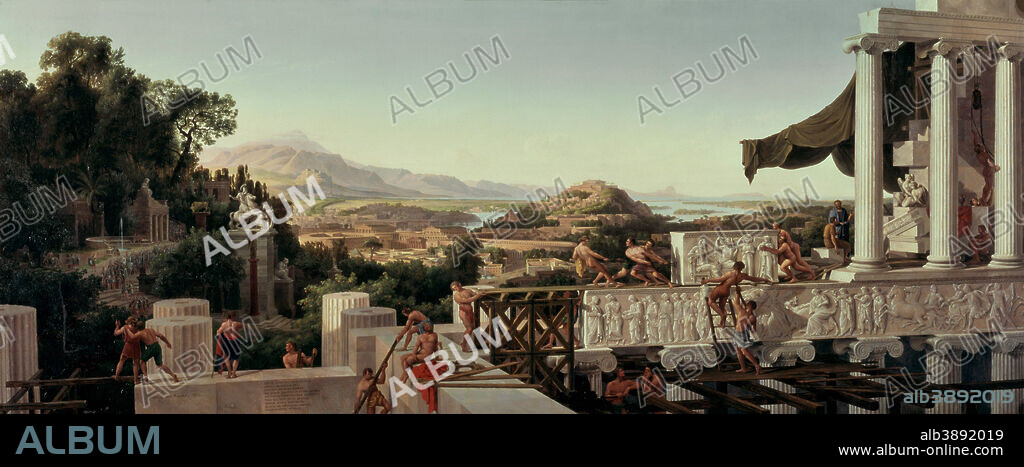 KARL FRIEDRICH SCHINKEL y AUGUST AHLBORN. Blick in Griechenlands Blüte / View into the Heyday of Greece. Date/Period: 1836. Painting. Oil on canvas. Height: 94 cm (37 in); Width: 235 cm (92.5 in).