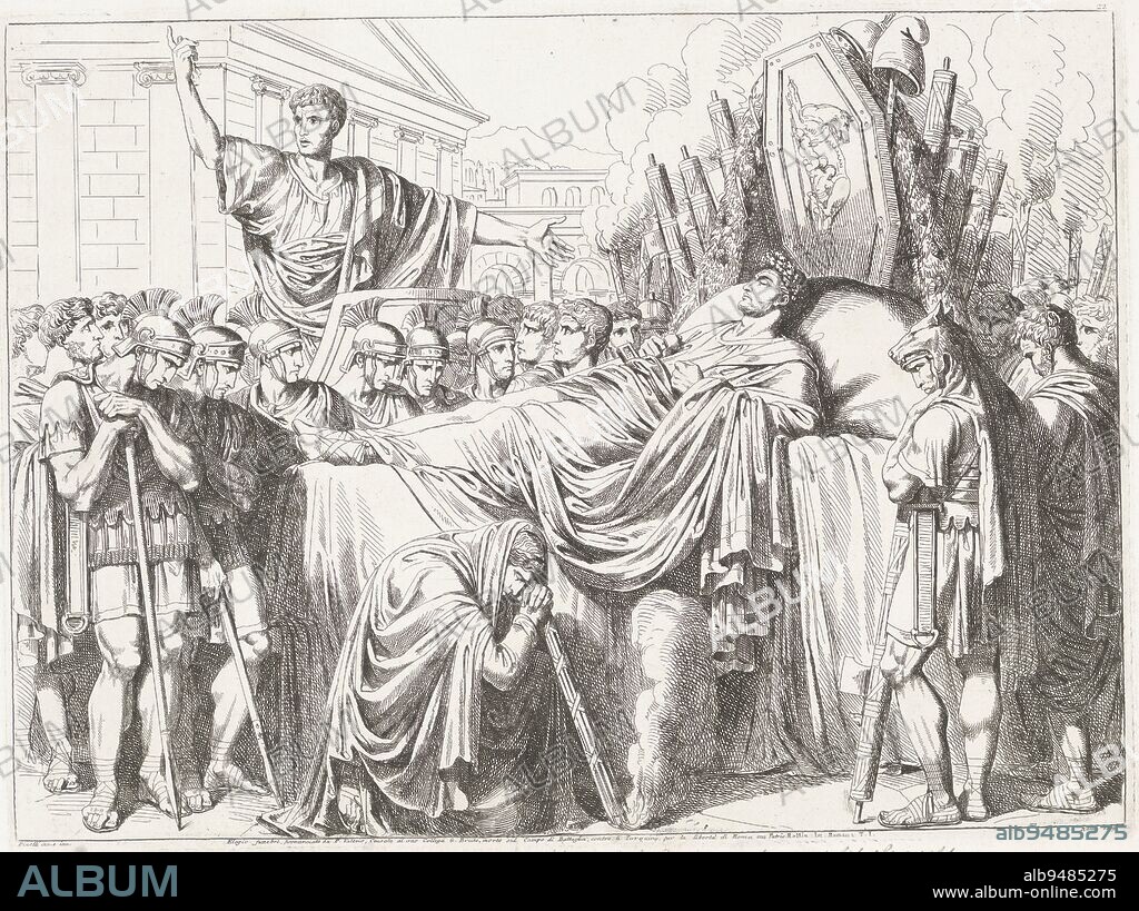 Funeral sermon by Valerius for Brutus, Bartolomeo Pinelli, 1819, Publius Valerius Publicola gives a eulogy to a crowd of soldiers during the funeral of Brutus., print maker: Bartolomeo Pinelli, (mentioned on object), Bartolomeo Pinelli, (mentioned on object), Rome, 1819, paper, etching, h 314 mm × w 425 mm.