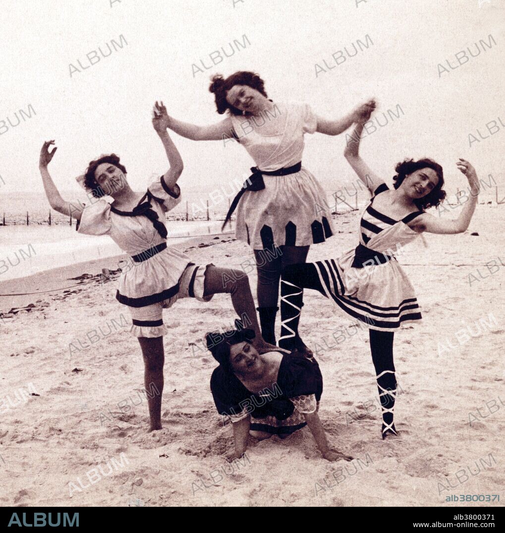 Women in bathing suits striking poses. Due to Coney Island's proximity to Manhattan and other boroughs it began attracting vacationers in the 1830s and 1840s. Between about 1880 and WWII, Coney Island was the largest amusement area in the United States, attracting several million visitors per year. At its height, it contained three competing major amusement parks, Luna Park, Dreamland, and Steeplechase Park, as well as many independent amusements. When the Brooklyn Rapid Transit Company electrified the steam railroads and connected Brooklyn to Manhattan via the Brooklyn Bridge at the beginning of the 20th century, Coney Island turned rapidly from a resort to an accessible location for day-trippers seeking to escape the summer heat in New York City's tenements. Stereograph by Strohmeyer & Wyman, 1898.