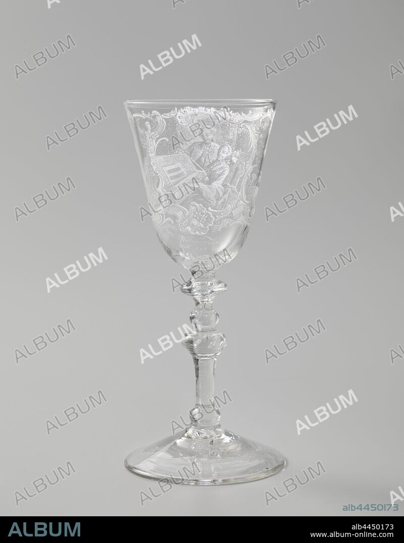 Chalice with a woman behind a spinet, Conical foot. Baluster-shaped trunk with a ring of air bubbles, three knots. Conical chalice rounded at the bottom. On the chalice, in a cartouche of rococo ornament and flowers, a woman playing on a spinet. A man looks over her shoulder. Musical instruments on both sides. Signed below the show Willem Fortuyn Me fecit 1757, spinet, virginal, one person playing keyboard instrument, ornament, cartouche, anonymous, c. 1750 - before 1757 and/or 1757, glass, glassblowing, h 23.2 cm × d 9.6 cm.