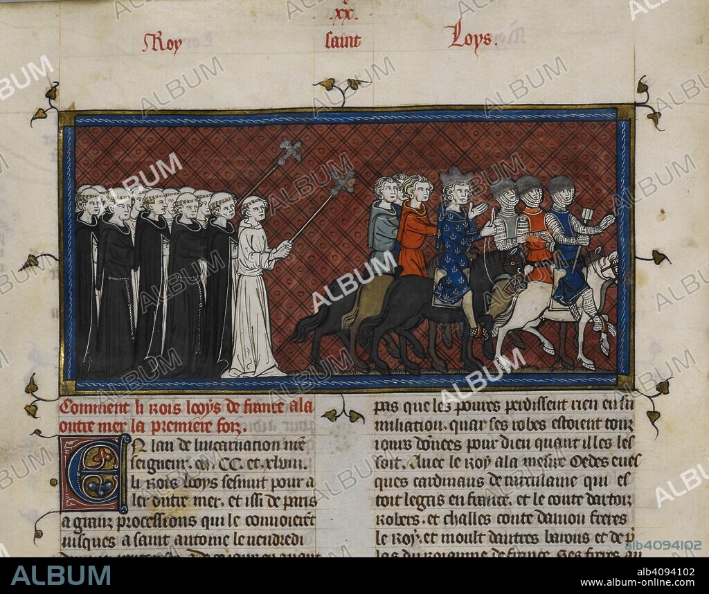 Louis IX goes on a crusade. Chroniques de France ou de Saint Denis, vol. 1. France, second quarter of 14th century. (Miniature) King Louis IX of France sets out on the Seventh Crusade in 1248  Image taken from Chroniques de France ou de Saint Denis, vol. 1.  Originally published/produced in France, second quarter of 14th century. . Source: Royal 16 G. VI, f.404v. Language: French.