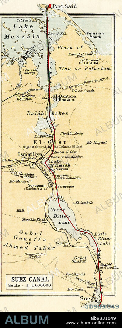 Map showing the Suez Canal, a man-made sea-level waterway in Egypt, which connects the Mediterranean Sea to the Red Sea through the Isthmus of Suez. From The Business Encyclopaedia and Legal Adviser, published 1907.