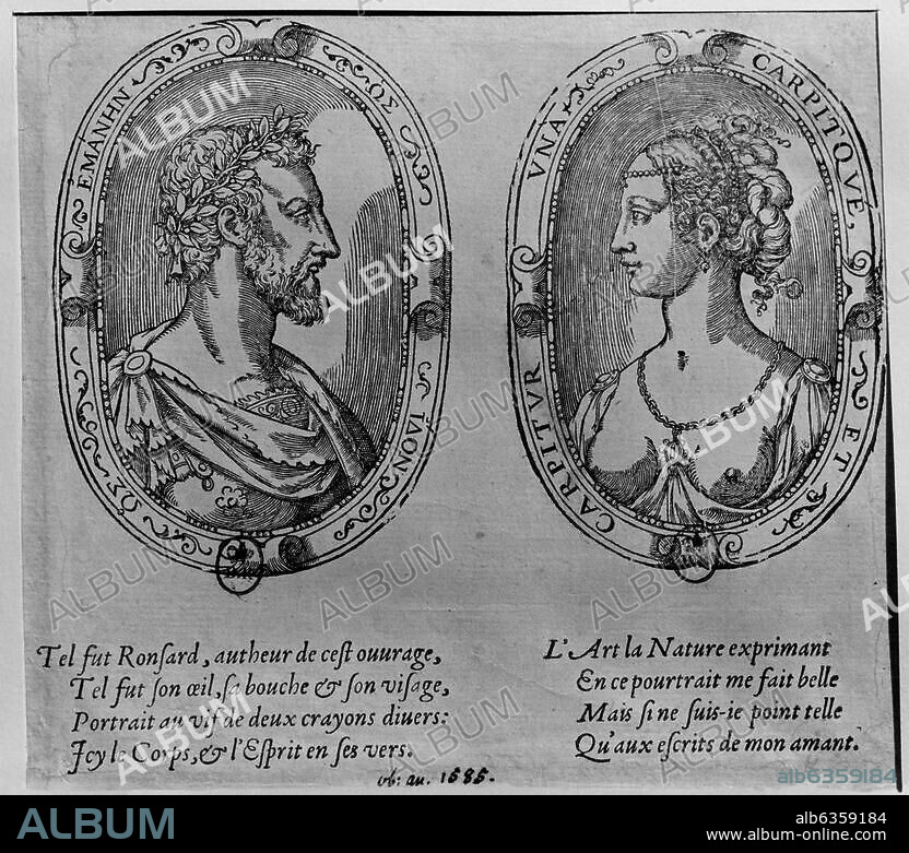 ANONYMOUS. Ronsard, Pierre de; franz. Dichter (bedeutendster Vertreter der Pleiade). Schloß Possonniere 11.9.1524 (25) - Saint. -Cosme-en-l'Isle 27.12.1585. Pierre de Ronsard und seine Geliebte Cassandre Salviati (Adressatin der Sonnette "Amours" von 1552). Holzschnitt, anonym, Frankreich, 16. Jahrhundert. Paris, Bibliothèque Nationale.