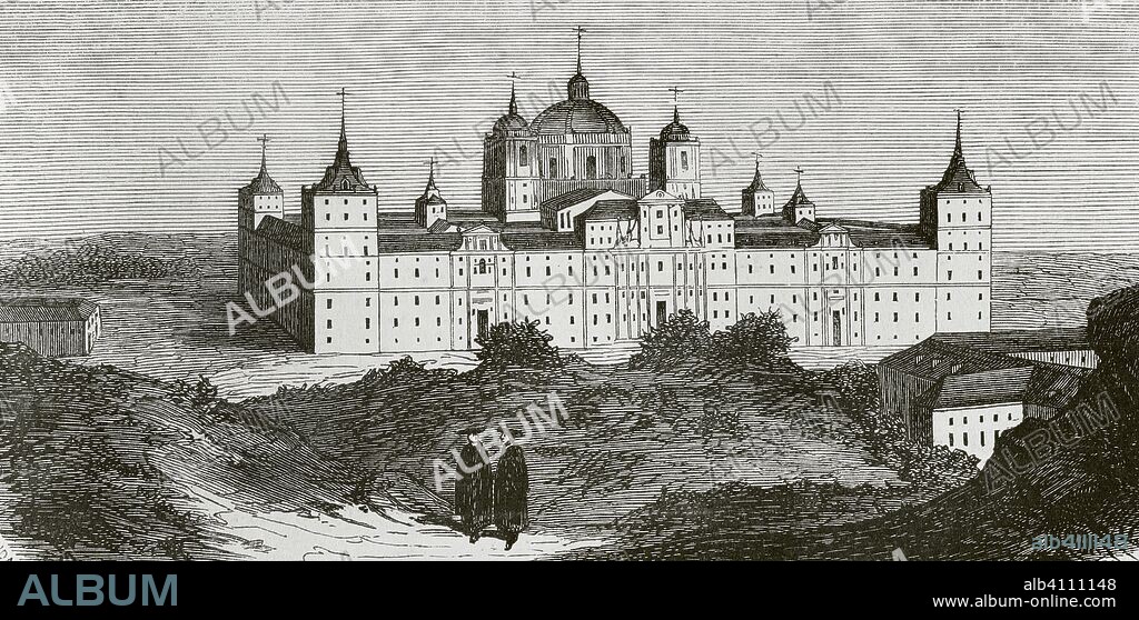 Spain. Community of Madrid. Royal Monastery of San Lorenzo de El Escorial. Exterior. Drawing by Miranda. Engraving by Vierge. Cronica General de Espa–a, Historia Ilustrada y Descriptiva de sus Provincias. Castilla-La Nueva, 1869.