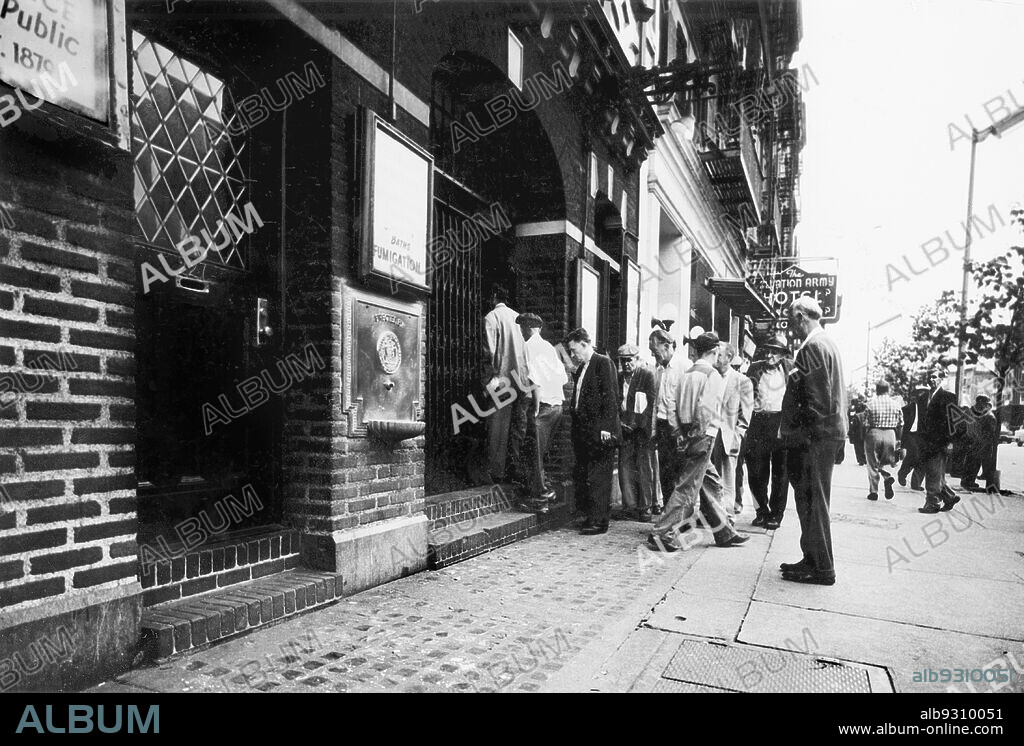 Men lined up outside Bowery Mission and Salvation Army Hotel New