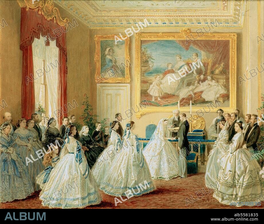 Ludwig IV, Grand Duke of Hesse-Darmstadt (1877-92); 1837-1892. "The wedding of Princess Alice with the Grand Duke Ludwig of Hesse". (Osborne House, 1st July 1862). Coloured photo, after a painting by George Housman Thomas (1824-1868). 48 × 54 cm. Darmstadt, private collection.