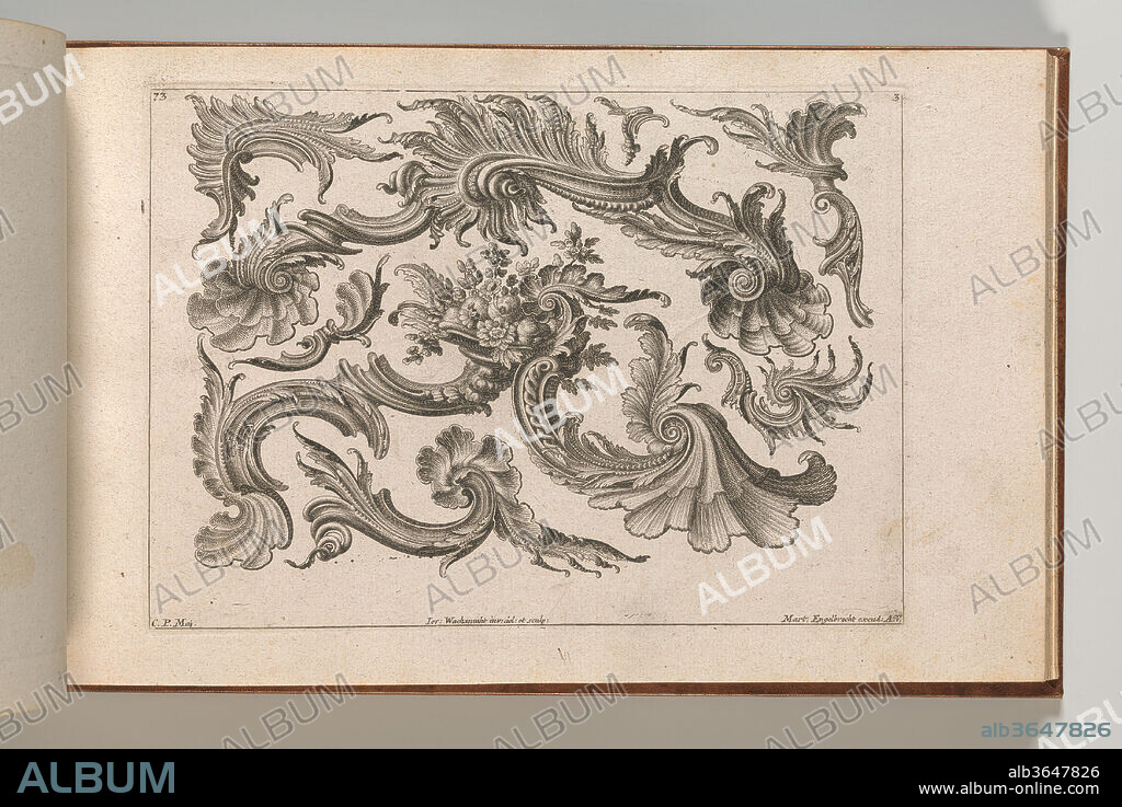 Various Designs for Rocaille Ornaments, Plate 3 from: 'Fortsezung von unterschielichen Auszierungen zu allerleij nüzlich anzuwenden'. Artist and engraver: Jeremias Wachsmuth (German, 1712-1771). Dimensions: Overall: 8 7/16 × 13 3/4 in. (21.5 × 35 cm). Publisher: Martin Engelbrecht (German, Augsburg 1684-1756 Augsburg). Date: Printed ca. 1750-56.
Ornament print with designs for rocaille ornaments for various applications, in the center one of the ornaments forms a cornucopia. This print is bound in an album containing 27 series with a total of 122 ornament prints from the fund of the prominent Augsburg publisher Martin Engelbrecht.