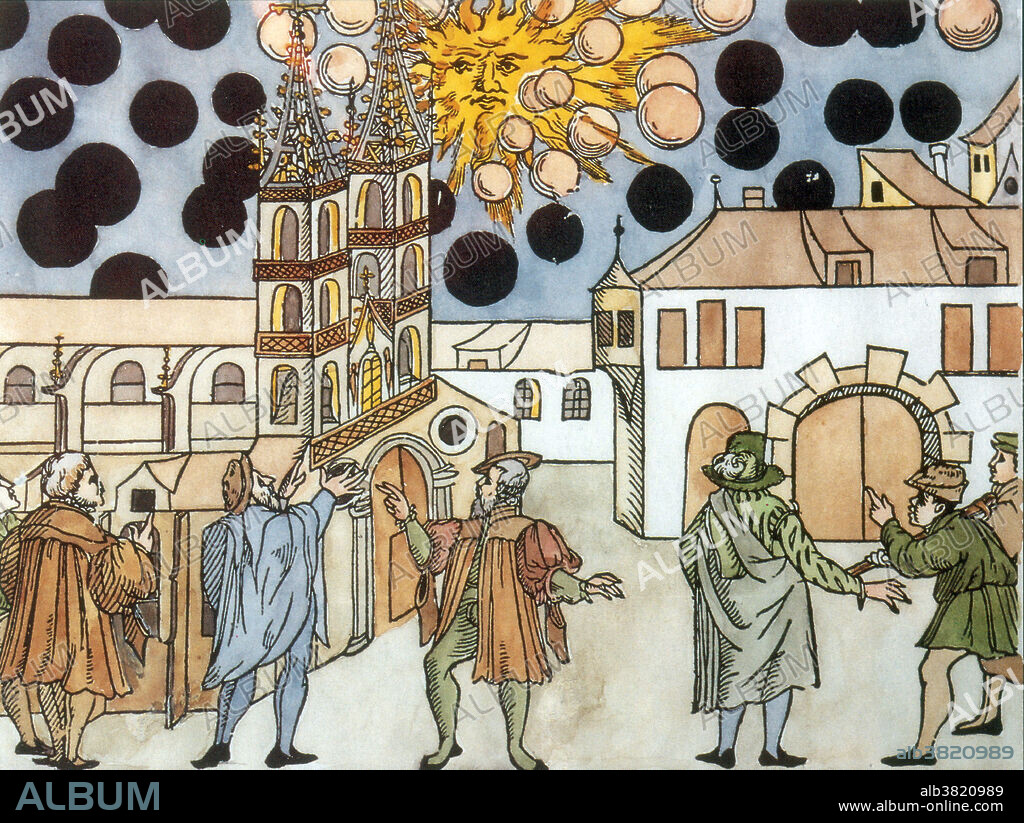 Woodprint by Samuel Coccius on the 1561 celestial phenomenon over Nuremberg. At sunrise on the April 14, 1561, the citizens of Nuremberg beheld A very frightful spectacle. The sky appeared to fill with cylindrical objects from which red, black, orange and blue white disks and globes emerged. Crosses and tubes resembling cannon barrels also appeared whereupon the objects promptly began to fight one another. After about an hour of battle, the objects seemed too catch fire and fell to Earth, where they turned too steam. The witnesses took this display as a divine warning. This report is unique in the annals of Ufology, in that it has never been repeated. There is no record of such objects in either local or German national folklore. The surviving Town records from the period, give no indication of any unrest either civil or external. Given the uniqueness of the incident, it appears that something supernatural or paranormal took place.