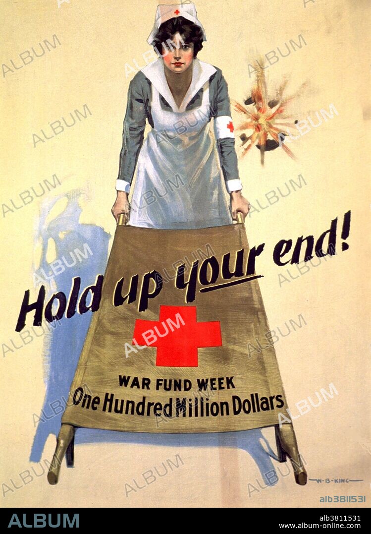 "Hold Up Your End". Light yellow poster with a Red Cross nurse holding up one end of a brown stretcher, and shell fire behind her. The title goes across the center of the poster, going across the top portion of the stretcher. A large Red Cross logo is under the title, under which is the picture caption. The poster is signed in the lower right corner, W.B. King. The most important volunteer group in America during WWI was the American Red Cross. During WWI more than eighteen thousand Red Cross nurses served with the Army and Navy Nurse Corps. Some of these nurses worked at American base hospitals, at field units, and aboard ships, whereas others, served at home combating the 1918 influenza epidemic and providing medical services to military camps, munitions plants, and shipyards. They also helped to recruit and train ambulance drivers and orderlies at various universities. By the time the war ended in November 1918, the Red Cross had become a major national humanitarian organization.