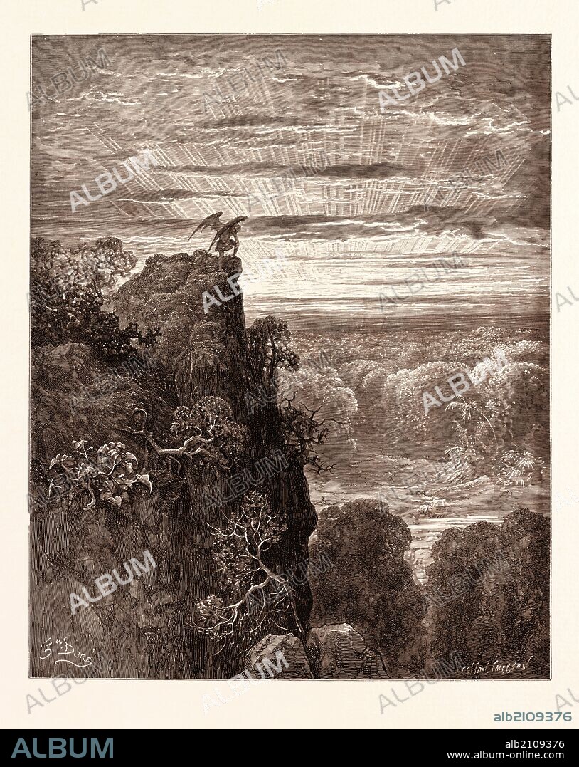 SATAN OVERLOOKING PARADISE, BY GUSTAVE DORÉ. Dore, 1832 - 1883, French. Engraving for Paradise Lost by Milton. 1870, Art, Artist, romanticism, colour, color engraving.