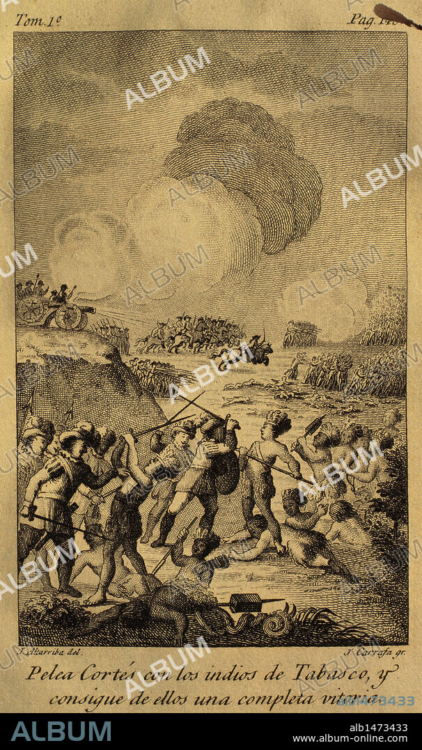 CONQUISTA DE MEXICO. SIGLO XVI. HISTORIA AMERICA. En Tabasco Hernán Cortés tiene su primer enfrentamiento con los mayas de Centla, año 1519. Pelean los españoles con un ejército poderoso de los Indios Tabascos y consigue de ellos una completa victoria. En ese mismo año fundó la ciudad de Villahermosa. "PELEA CORTES CON LOS INDIOS DE TABASCO". Dibujo de J. Altarriba y grabado del año 1825 de J. Carrafa.