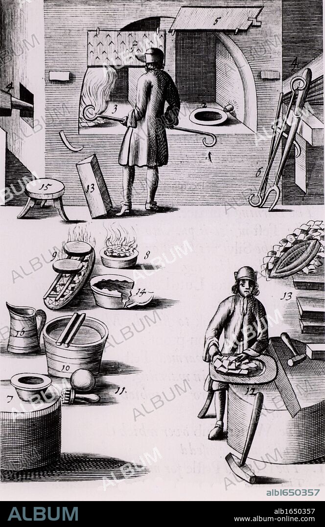 Refining of silver, showing (2) a test put into the furnace and (3) burning the silver in a test. A test warming (8) and a roaster for making burnt silver dry (9). From 1683 English edition of Lazarus Ercker "Beschreibung allerfurnemisten mineralischen Ertzt- und Berckwercksarten" originally published in Prague in 1574. Copperplate engraving.               (Photo by: Universal History Archive/UIG via Getty Images).