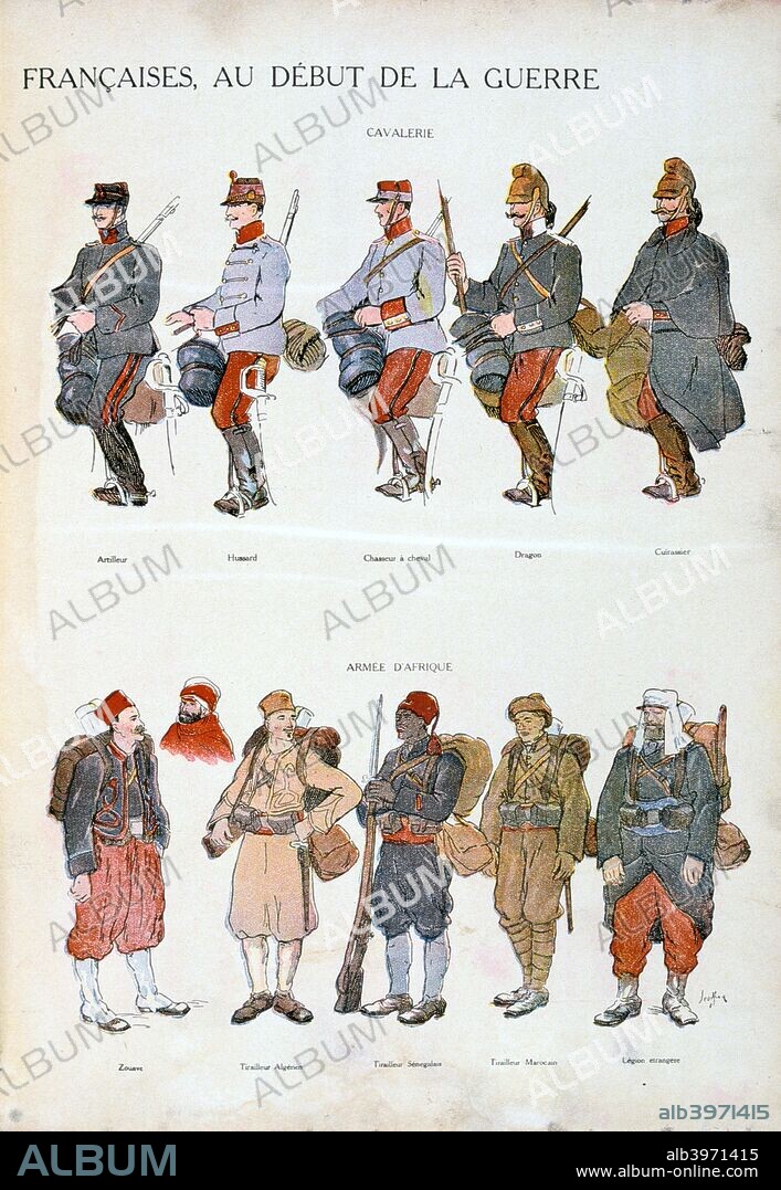 French army uniforms, World War One, 1914. Uniforms of the French cavalry and the soldiers of African origin, at the start of the war.