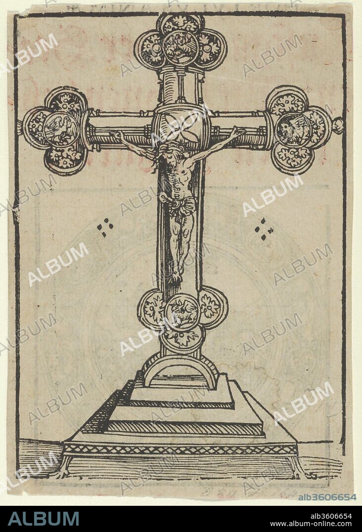 A Silver-Gilt Cross with Christ Crucified, from the Wittenberg Reliquaries. Artist: Lucas Cranach the Elder (German, Kronach 1472-1553 Weimar). Dimensions: Sheet: 5 7/16 × 3 7/8 in. (13.8 × 9.8 cm). Series/Portfolio: Wittenberg Reliquaries; Hortulus Animae.
Cut out of a book. Cut printed text on verso. In the illustrated Bartsch the print is shown with the letters I N R L printed accross the top, the Metropolitan Museum of Art's impression has been cut and does not display these letters.