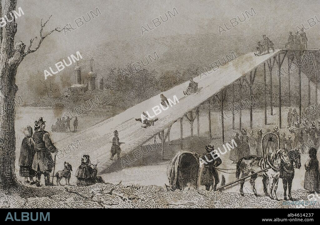 Russia Roller coaster. Ice slides. Engraving by Lemaitre and