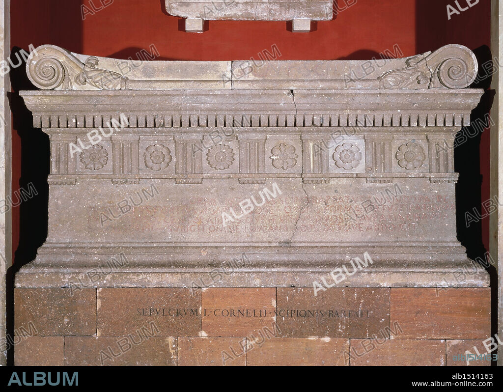 Roman civilization, 3rd century b.C. Sarcophagus of Roman consul Lucius Cornelius Scipio Barbatus (337 b.C. - 270 b.C.), from the Tomb of the Scipios on the Via Appia (Rome). Peperino marble.