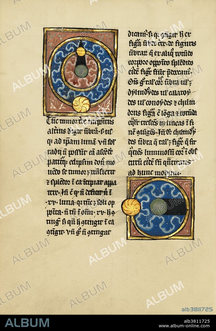 Two diagrams, one showing the sun and the moon orbiting Earth in a geocentric or Ptolemaic model of the universe, and the other apparently showing a phase of the moon created by sun and earth alignment. These illuminations date from the last quarter of 13th century (after 1277).