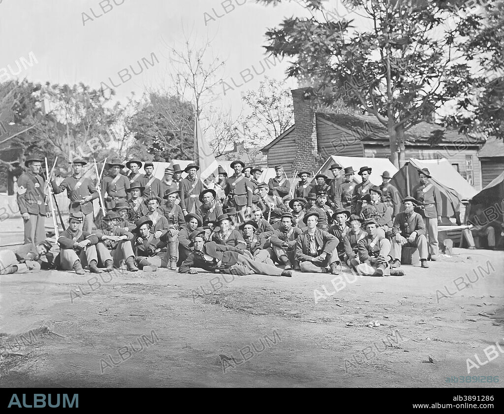 Organized group photo of the 44th Indiana Infantry during the American Civil War, 1861 -1865. This photo has been digitally restored.