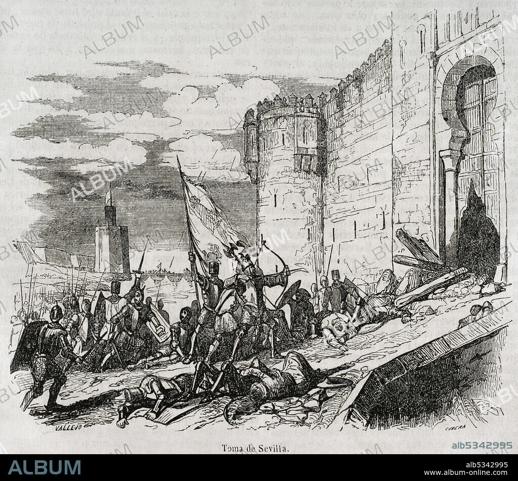 VALLEJO, SPANISH ARTIST. ILDEFONSO CIBERA, SPANISH ENGRAVER,19TH CENTURY.. Middle Ages. 13th century. Reconquest. Conquest of Seville by the Christian troops of Ferdinand III of Castile (1199-1252). Illustration by Vallejo. Engraving by Cibera. Historia General de España by Father Mariana. Madrid, 1852.