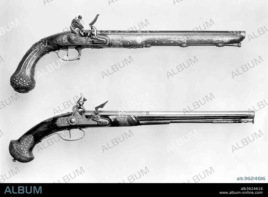 Pair of Flintlock Pistols. Culture: Italian, Brescia. Dimensions: L. of each 22 1/2 in. (57.2 cm); L. of each barrel 15 13/16 in. (40.2 cm); Cal. of each .52 in. (13.2 mm); Wt. of each 1 lb. 15 oz. (879 g). Gunsmith: Girolamo Francino (Italian, Brescia, recorded 1666-1709). Date: ca. 1650-60.
The Francino gunsmiths of Brescia and Gardone were celebrated. The superiority of Brescian barrels was long recognized. Aside from embellishment, they were sought for the quality of their metal, which was light in weight yet strong. The delicately pierced steel ornament inlaid to be flush with the surface of the stock is a characteristic design feature of Brescian firearms of this period.