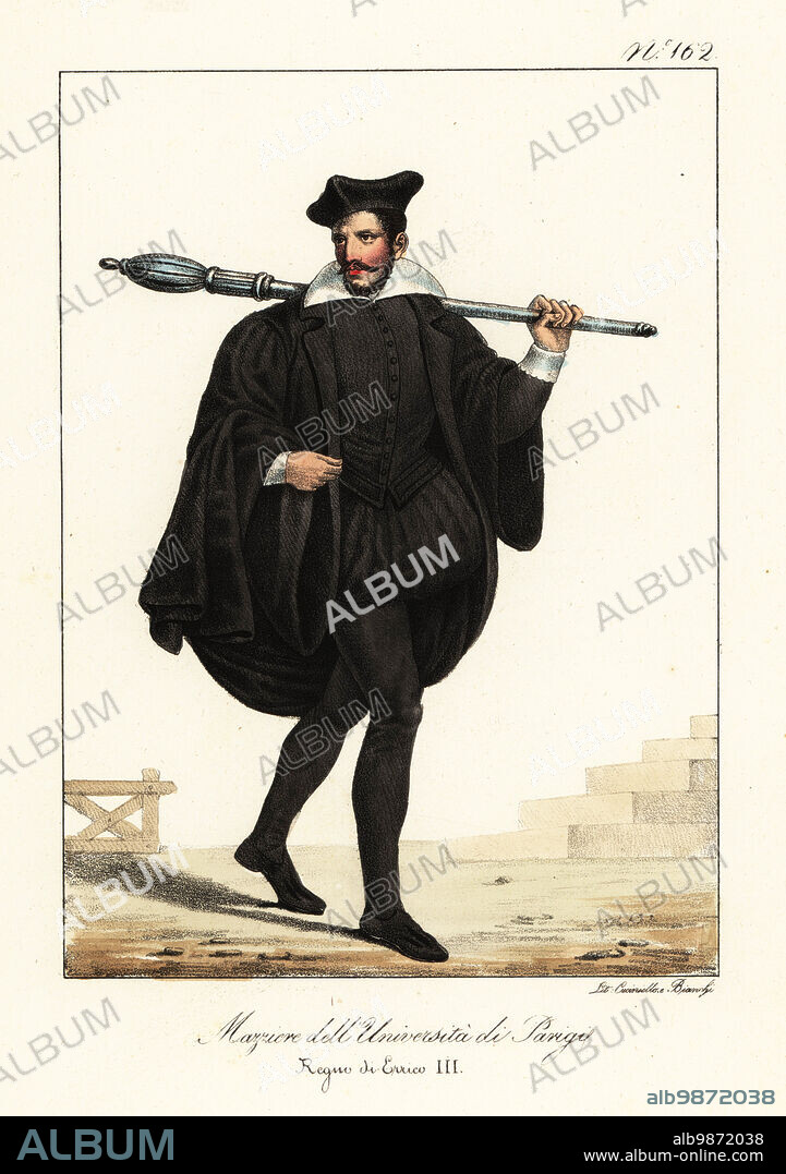 Mace-bearer or massier of the University of Paris, 1580s. In black cap, short cape over gown and hose, carrying a large mace. Massier de l'Universite de Paris. Regne de Henry III. Handcoloured lithograph by Lorenzo Bianchi and Domenico Cuciniello after Hippolyte Lecomte from Costumi civili e militari della monarchia francese dal 1200 al 1820, Naples, 1825. Italian edition of Lecomtes Civilian and military costumes of the French monarchy from 1200 to 1820.